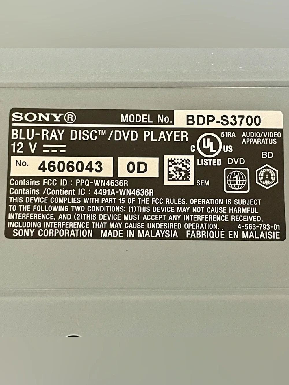 Sony BDP-S3700 Blu-Ray Disc DVD Player Cord & Remote Tested Works